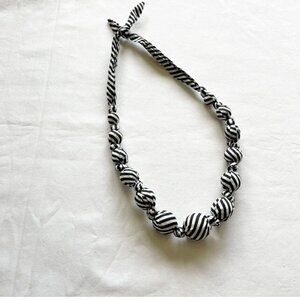 Black & White Striped Fabric Beaded Necklace With Adjustable Tie Closure 12 Inch